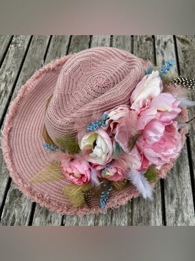 🐎 Kentucky Derby 🐎 Pink Floral Sun Hat Flowers Feathers Handmade Unique